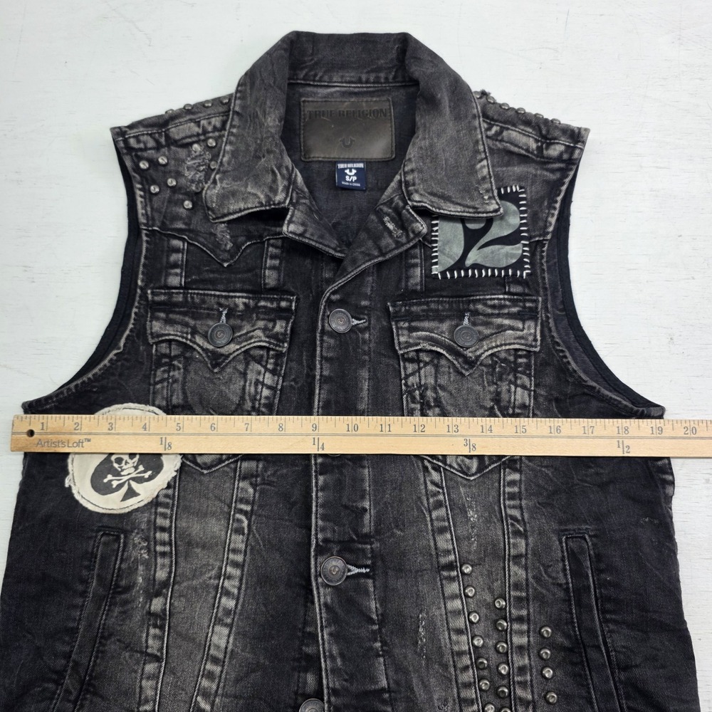 True Religion Distressed Jimmy Western Denim Vest Jacket Black Concrete Men's S - Picture 15 of 16